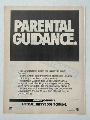 United States Treasury Direct Deposit Parental Guidance Vintage 1984 Print Ad