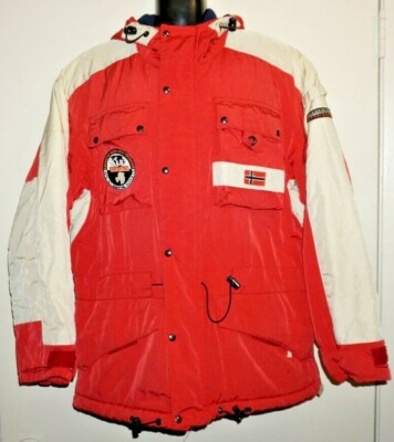 Rare NAPAPIJRI Geographic Logo Flag Teflon Hooded Parka Jacket Full Zip Men's S