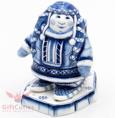 Gzhel Russian Handpainted Porcelain Figurine Eskimo Evenk girl on an ice float