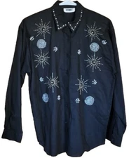 Vintage Gitano Ugly shirt Woman's M Button Down Black Bling Embellished FLAWS