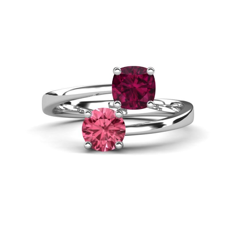 Cushion Rhodolite Garnet Round Pink Tourmaline Promise Ring 14K