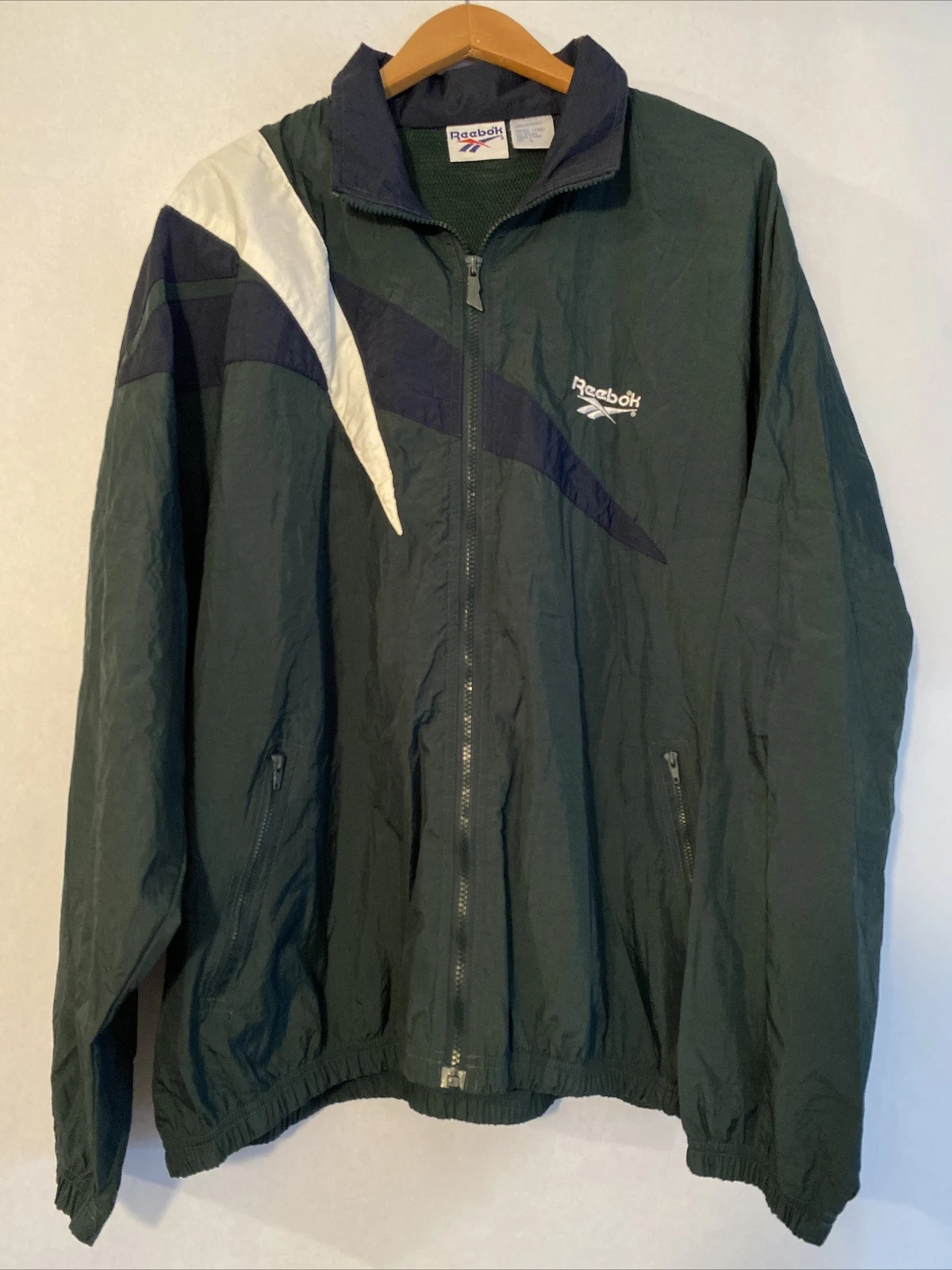 Reebok Green Vintage Packable Hooded Zip Up Windbreaker Men’s SZ LG Color Block