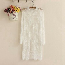Lady Lace Sheer Slip Dress Petticoat Undershirt Long Sleeve High Collar Club SPW