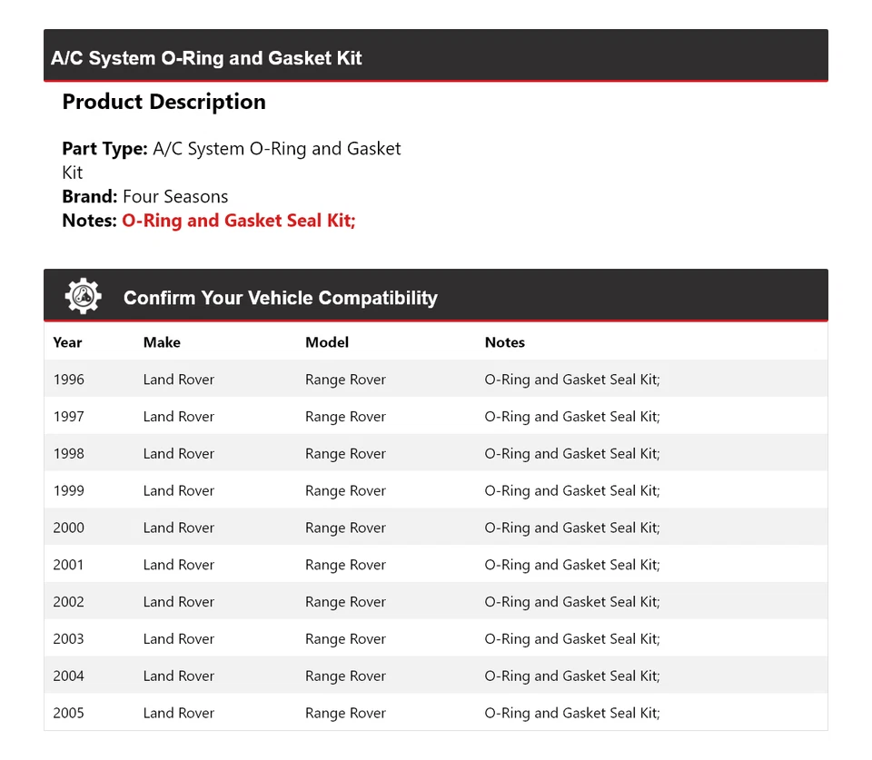 For 1996-2005 Land Rover Range Rover A/C System O-Ring and Gasket Kit 4 Seasons - Image 2 of 4