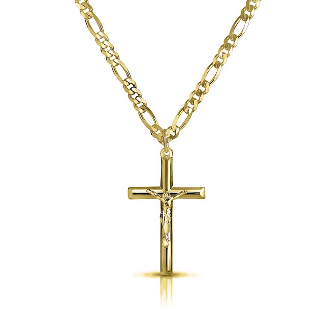 24" Stainless Steel 3.8MM Figaro Chain Necklace Crucifix Cross Pendant