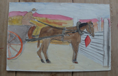 Naives Aquarell Gemälde von Pferd und Wagen von A.H. Head - um 1940