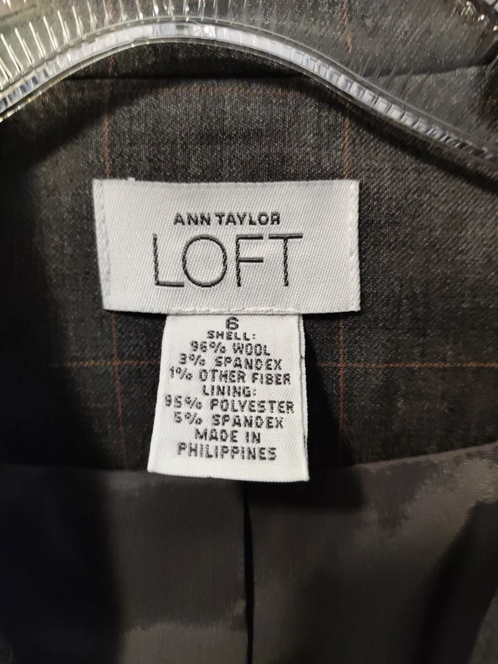 Ann Taylor Loft 女式灰色棕色羊毛 2 件套套装。 6码夹克 8码长裤 — 第 2/4 张图片
