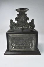 Antique 1910 HOLY WATER FONT with WOOD ALTAR BOX LAST SUPPER & CONTENTS #07024