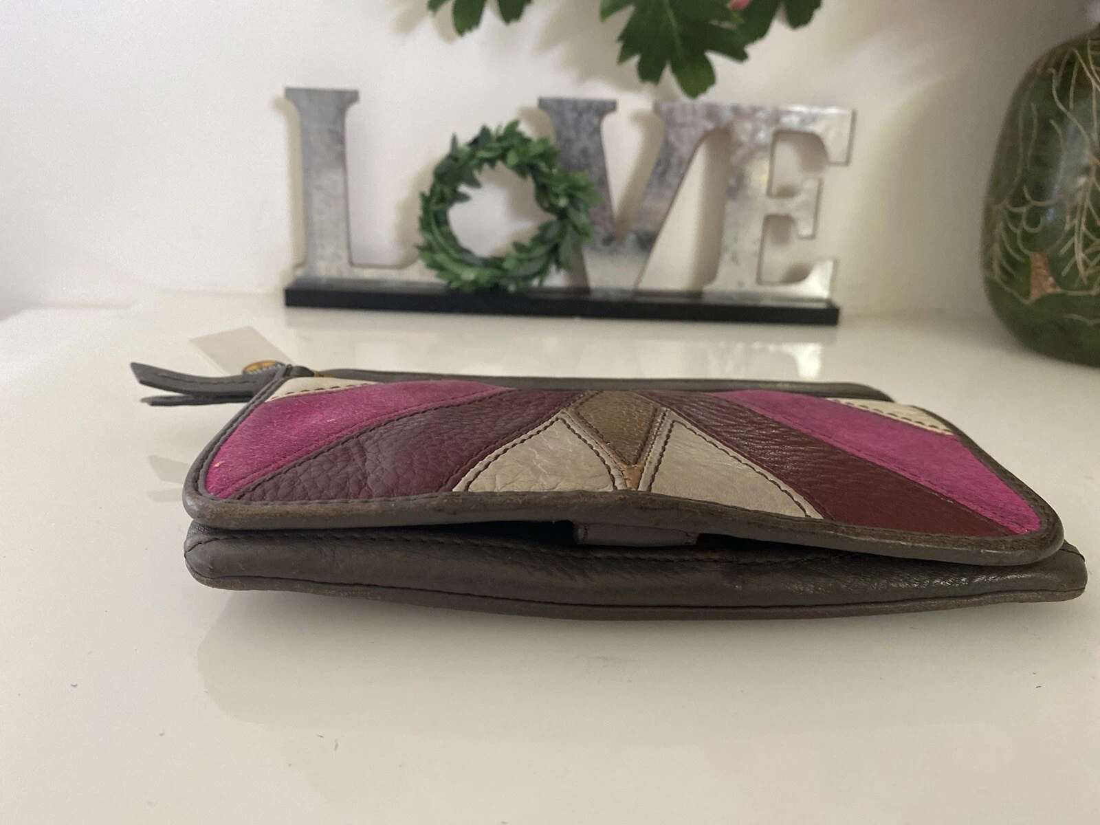 Borsa portafoglio da polso pochette Fossil Karli stampa geometrica pelle mod vintage nuova con etichetta