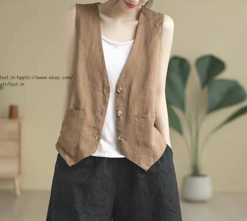 Womens Cotton Linen Vest Casual V Neck Sleeveless Blazer Jacket Thin Waistcoat - Picture 8 of 20