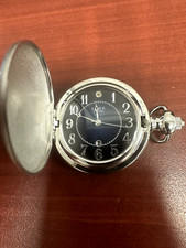 Men's Luxe Diamond Pocket Watch Blue Face With Date Quartz Movement New Battery