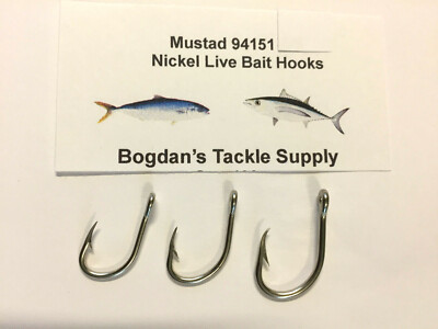 50pc. Mustad 94151NI 3X, Live Bait Hooks Size 1/0, 2/0, 4/0  Bass, Bonito, Tuna 