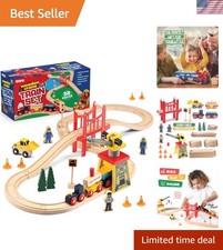 Interactive 38-Piece Wooden Train Track Set - Crane, Bridge  Fun Activities 