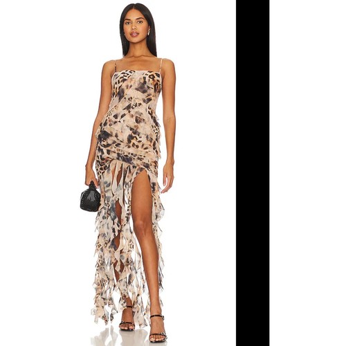 Retrofete Cheetah Aria Dress with Raw Edge Ruffles New