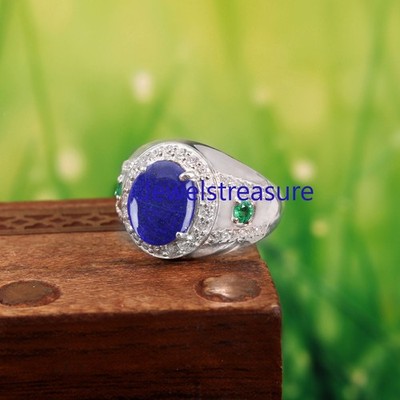 Natural Lapis Lazuli & Emerald Stones 925 Sterling Silver Ring for Men's #4