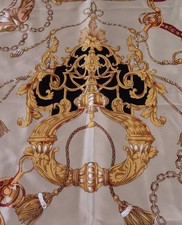 Vintage 70s Silky Scarf Gold Chains Buckles Tassles Black Red