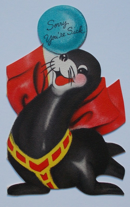 Vintage 1944 Hallmark - Sorry Your Sick, Young Seal with Ball, Cutout, Unused