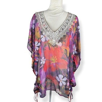 Sheer Womens Floral Tunic Top Plus Size 1X Colorful Artsy Fairy Boho Watercolor