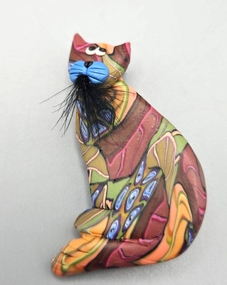 Multi Color ''Laurel Burch Style Artisan Cat with ''Catch'' Brooch, B134