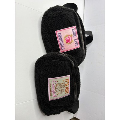 Set of 2 Black Sherpa Fleece Belt Bag Cowgirl Patch Western Waist Pac Fanny Pack