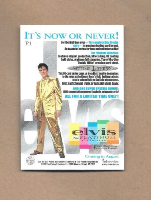 1999 Inkworks Elvis Presley The Platinum Collection Promo Card #P1 EX/MT+ - Picture 2 of 2