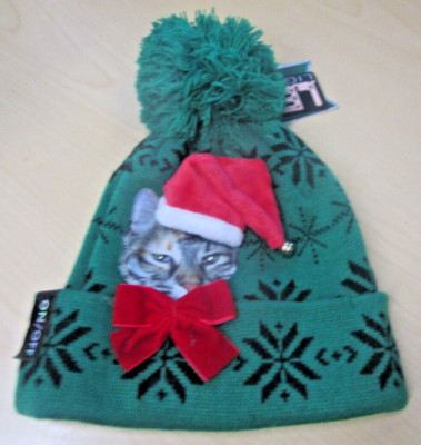 Ugly Stuff Holiday Supply Co. Christmas Hats Beanie Pom Pom Cat LED Blinking Eye