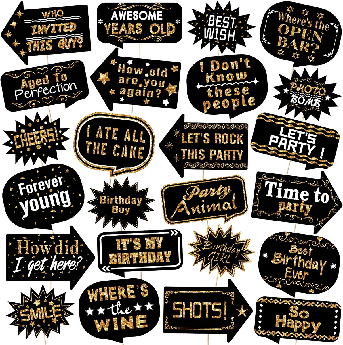 24-Piece Birthday Photo Booth Props Gold Black Party Decor