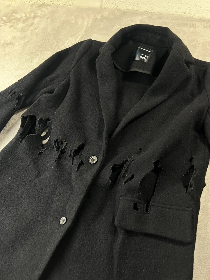 Casaco longo de lã JNBY feminino desgastado S preto moda vanguarda RARO grunge - Imagem 4 de 4