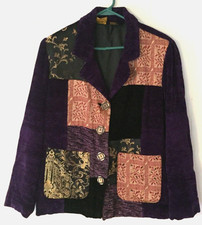 Julia Ku Patchwork Embroidered Jacket Size S Women Purple Velvet Feel, Button