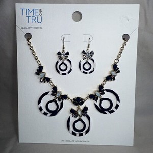 Time And Tru Navy Circle Drop 20" Necklace With Extender And Earring Set 