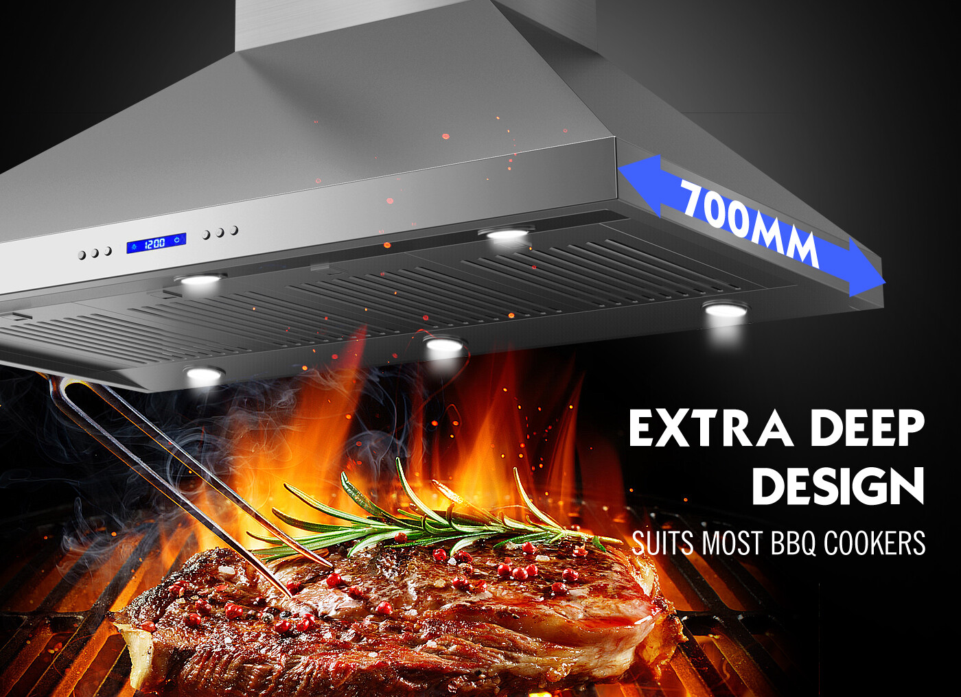 1200mm x 700mm COMMERCIAL CANOPY RANGE HOOD ALFRESCO 2 MOTOR BBQ