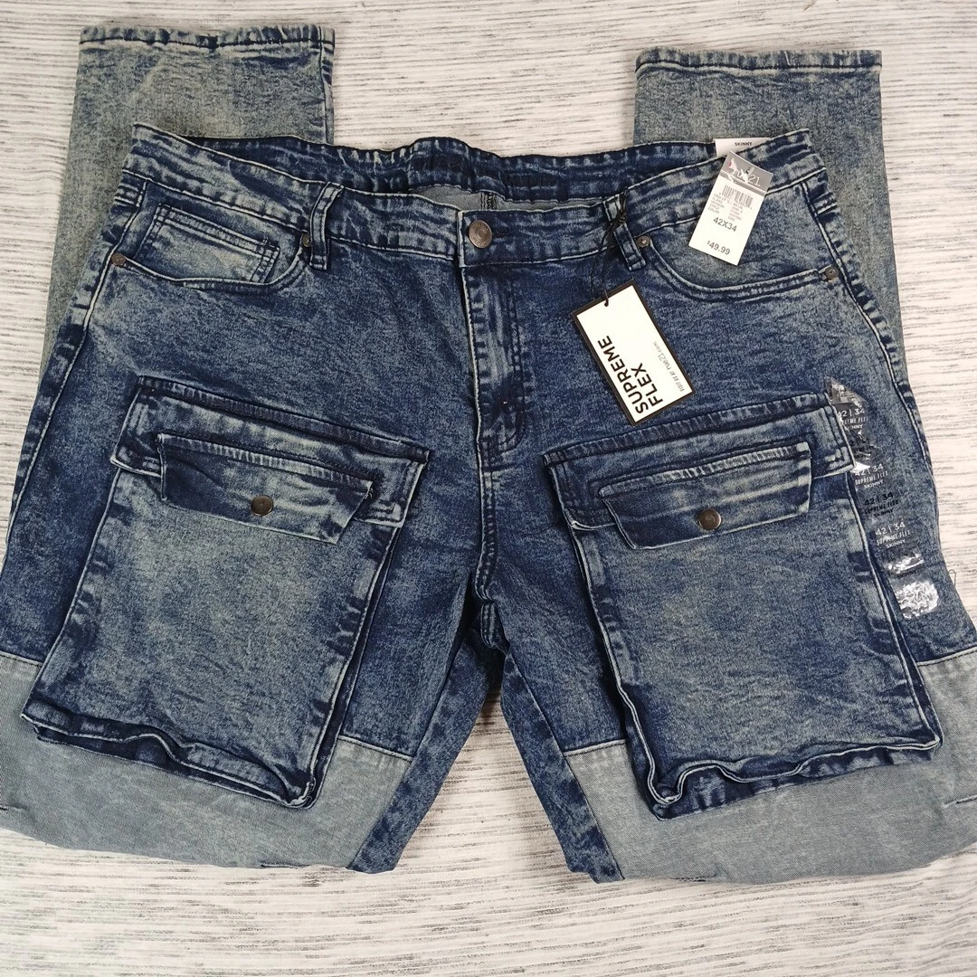 Jean homme Rue21 42x34 skinny supreme flex bleu denim poches cargo devant 