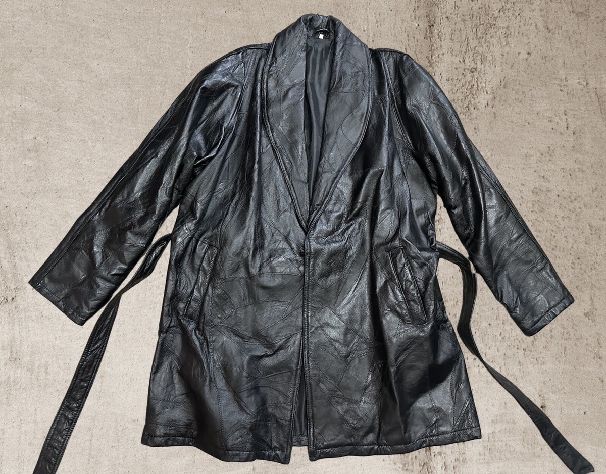 Vintage 1980s 1990s Black Patchwork Leather Jacket Trench Coat XXL w/ Belt Vintage 1980s 1990s Black Patchwork Leather Jacket Trench Coat XXL w/ Belt