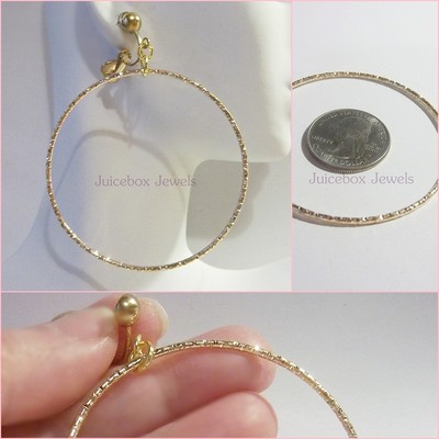CLIP ON 2.25'' GOLD TONE Round Thin Texture Hoop Non-Pierced Trendy Earrings B28