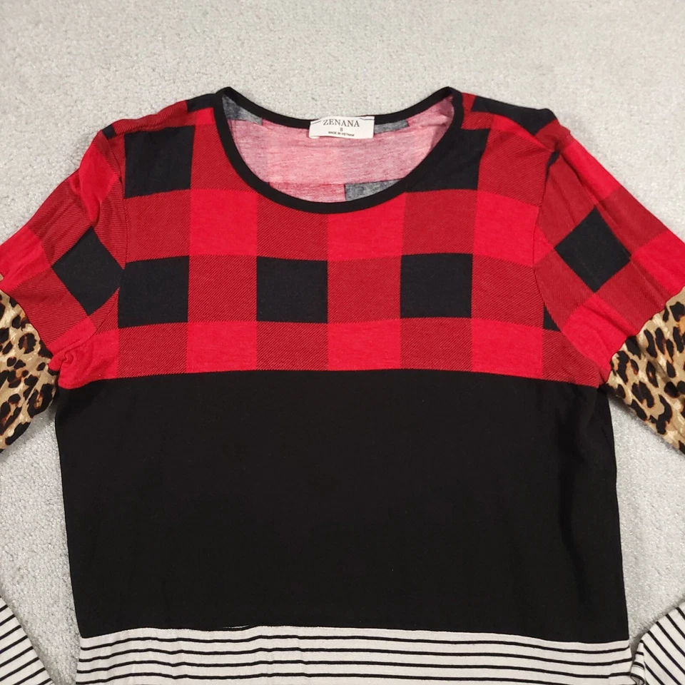 Camisa Zenana Para Mujer Pequeña Bloques de Color Estampado Animal A Cuadros Manga Larga Foto 3 de 4