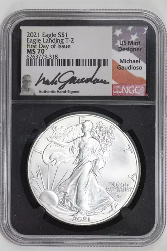 2021 SILVER EAGLE LANDING TYPE 2 NGC MS70 FDOI GAUDIOSO SIGNATURE