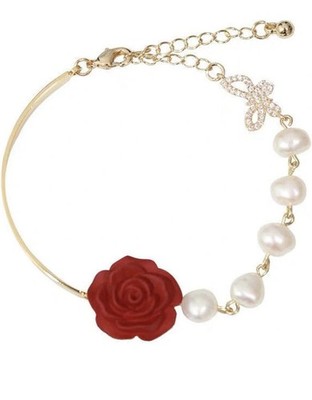 ZZ ZINFANDEL Gold Plated Pearl Butterfly Red Rose Beaded Charm Bracelet