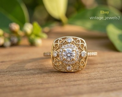 1.54CT Round Cut Lab Created Diamond Filigree Art Deco Ring 14K Yellow Gold Over
