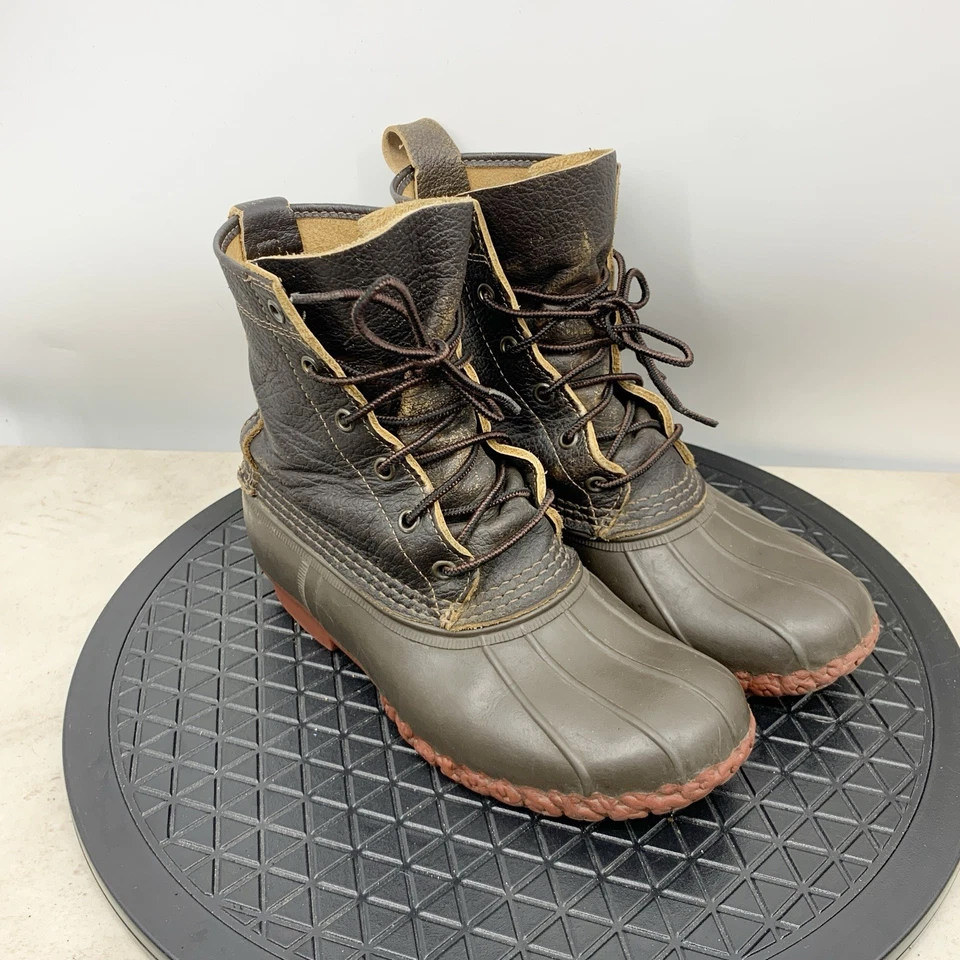 LL Bean Duck Botas Mujer Talla 7 Zapatos Marrón Cuero Bisonte Rojo Goma 8" Medio Foto 2 de 4