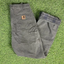 Vintage 90s Carhartt Carpenter Flannel Lined Pants Size 30x36 Moss Green Canvas 