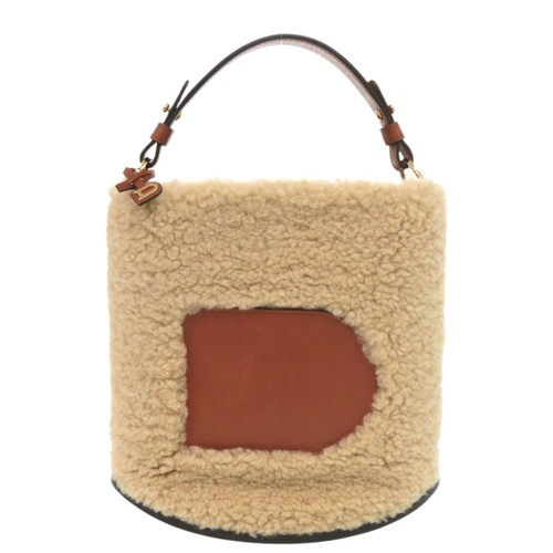 AUTHENTIC DELVAUX Pin Mini Bucket Teddy Shearing Brown Beige Leather Hand Bag