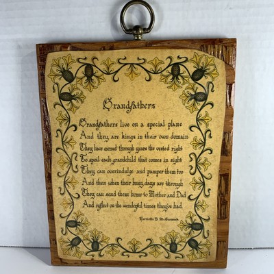 Vtg 70s Wood~Grandfathers~Wall Plaque~Poem~Harriette McCormick~Thistles~Scottish