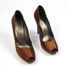 Salvatore Ferragamo Peep-Toe Satin Brown Stiletto Heel Pumps Size US 9 / EU 39.5