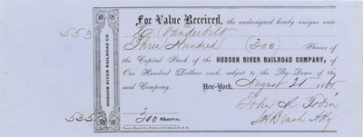 Hudson River Railroad Co. issued to Commodore Cornelius Vanderbilt, not signed