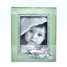 Vintage Baby Shoes Photo Frame Green Enamel Silver Tone 3.5x5 Keepsake