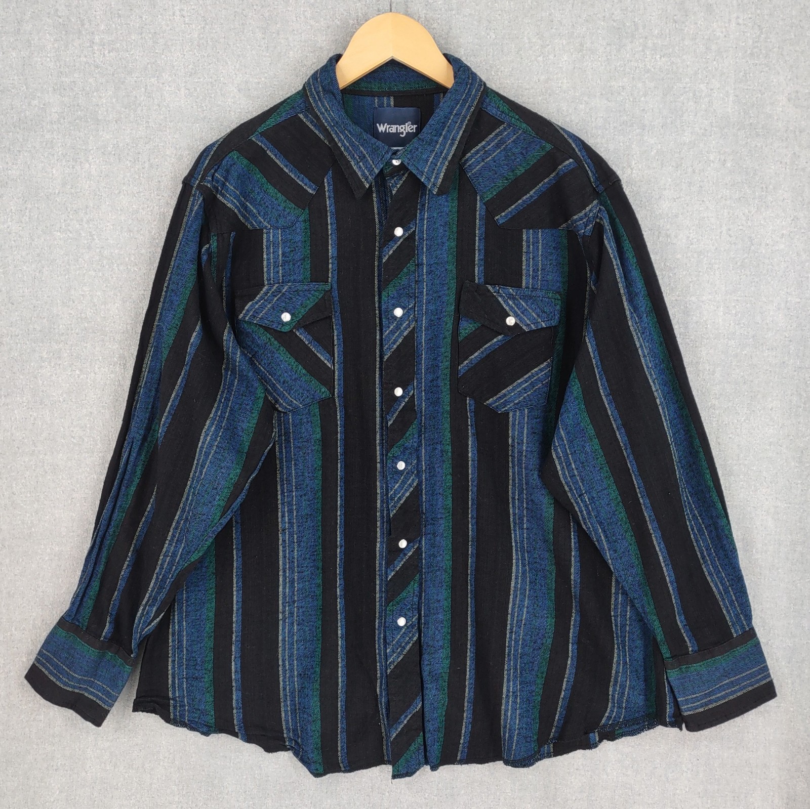 Wrangler Shirt Mens XXL Blue Black Brushed Flannel 2 Pocket Pearl Snap Western