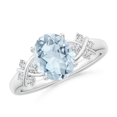 Aquamarine Gemstone 925 Silver Prong Solitaire with Accents Ring Jewelry