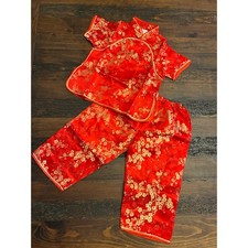 Kids Red Gold Qipao 2 Piece Matching Set Silk Cotton Bamboo Print Girl's Size 4T
