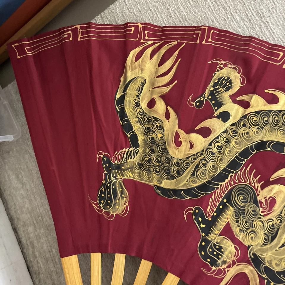 Decorative Dragon Wall Fan Hand Painted Large Vintage 40” X 24” Red Asian Decor - Image 4 of 4