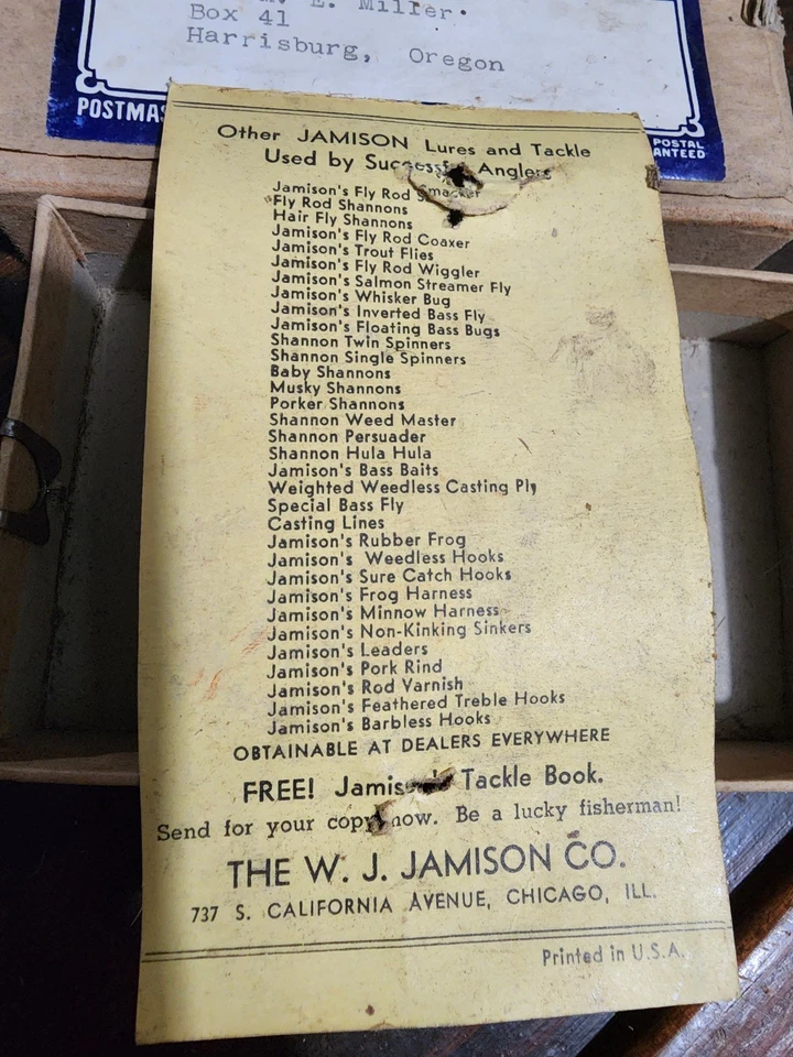 Señuelo de pesca Shannon Twin Spinner 1932 WJ Jamison caja envío etiqueta sello de 3 centavos Foto 4 de 4